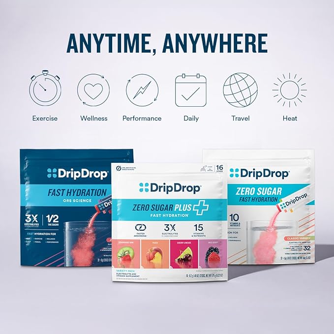 DripDrop Zero Sugar Plus - Sugar Free Hydration Packets - Single Serve Electrolytes Powder Drink Mix - Strawberry Kiwi, Peach, Cherry Limeade, Wild Berry - Non-GMO, Vegan - 8 Sticks