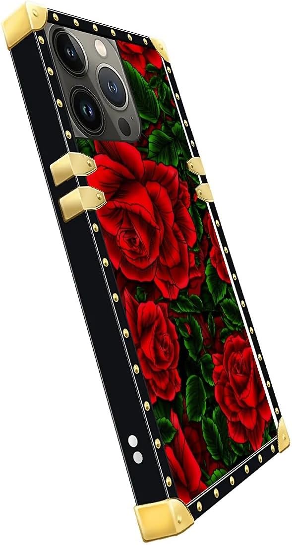 Compatible with iPhone 14 Pro Case, Vector Red Rose Green Leaf Luxury Golden Decoration for Girl Women Soft TPU Shockproof Protective Hard PC Back for iPhone 14 Pro