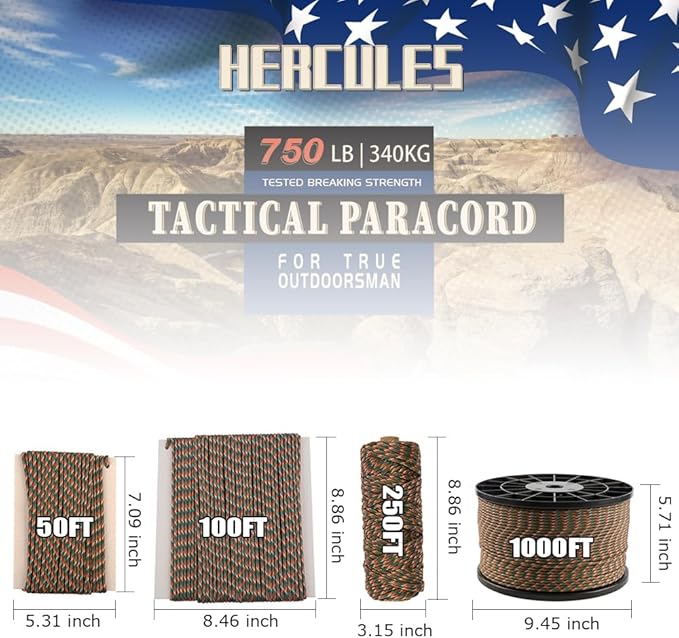 HERCULES 750lb Paracord 4mm 11 Strands Tactical Parachute Cord, 50' 100' 250' 1000' Utility Rope for Camping, Survival, Outdoor Gear (Camouflage, 100FT)