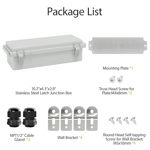 LeMotech Electrical Box, IP67 Waterproof Hinged Cover Stainless Steel Latch Junction Box, ABS Plastic Electrical Enclosure with Mounting Plate,Wall Brackets, Cable Glands,10.2"x4.3"x2.9”,Grey
