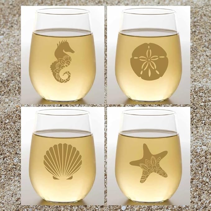 Set of 4 Shatterproof Designer 16 oz Plastic Wine Glasses MADE in the USA (OCEAN SPIRIT)