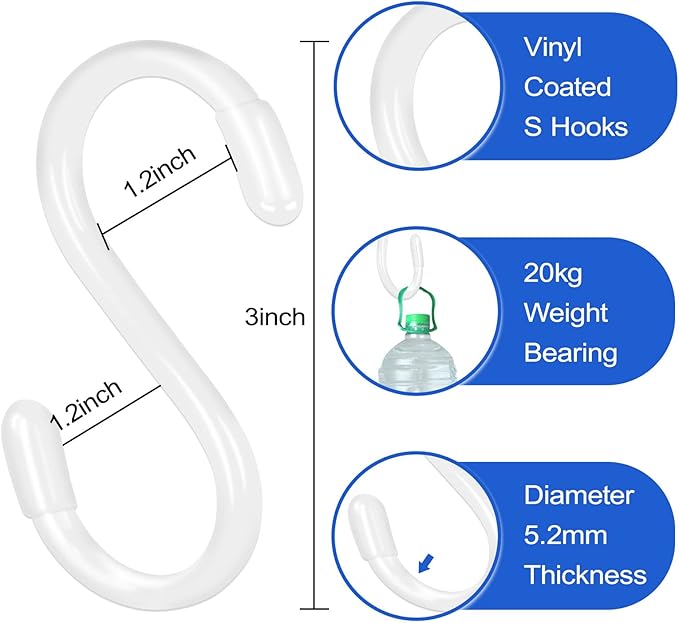 DINGEE White S Hooks, 3 Inch Vinyl Coated S Hook for Hanging Plants,10 Pack Non Slip Heavy Duty Small Rubber Coated Closet S Hook for Hanging Jeans Plants Jewelry Pot Pan Cups Towels