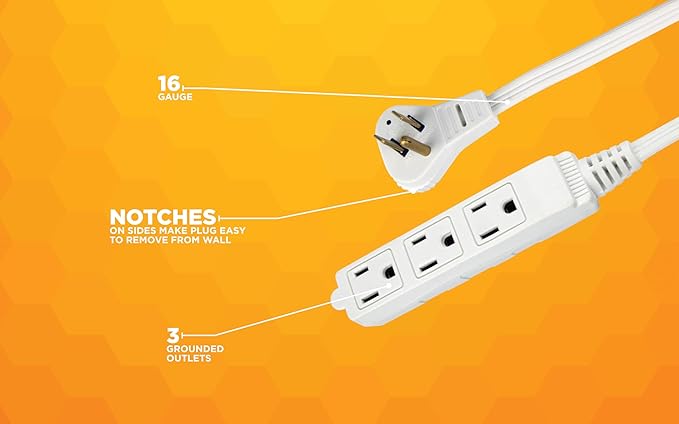 Woods SlimLine Angled Flat Plug Extension Cord; Space Saving Flat Design; 3 Grounded Outlets; 13-Foot; 13 Amps; 1625 Watts; 125 Volts; UL Listed; 2232