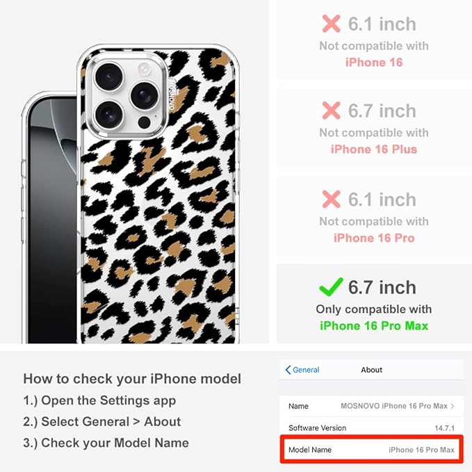MOSNOVO Case for iPhone 16 Pro Max, [Buffertech 6.6ft Military-Grade Drop Protection] [Anti Peel Off Tech] Clear TPU Bumper Phone Case Cover Design - Leopard Print