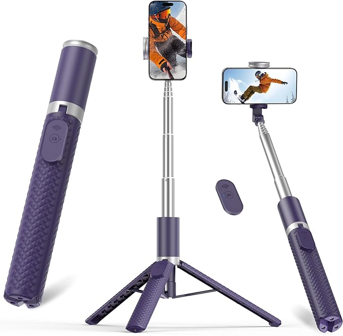 Vimose Phone Tripod & Selfie Stick with Remote, Portable, Lightweight for Video Recording Vlog, Extendable Travel Tripod Stand Compatible with iPhone Android, Purple, 62"