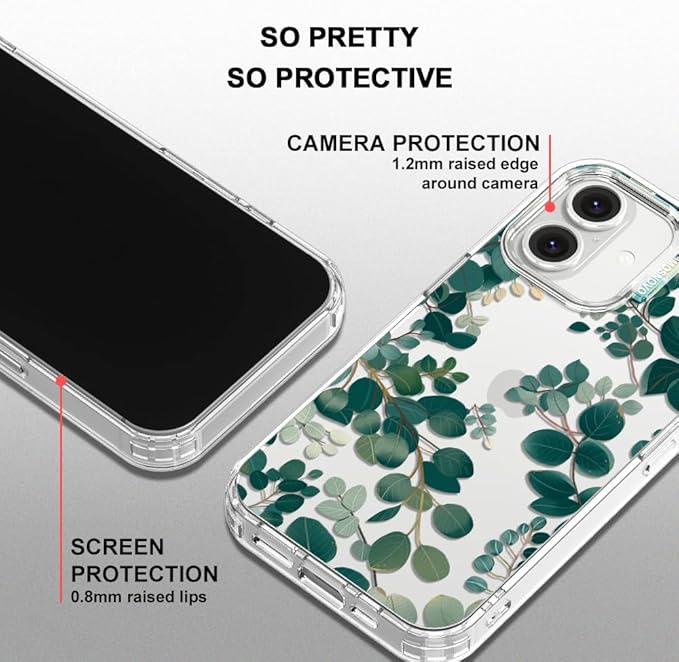 MOSNOVO Case for iPhone 16, [Buffertech 6.6ft Military-Grade Drop Protection] [Anti Peel Off Tech] Clear TPU Bumper Phone Case Cover Design - Eucalyptus