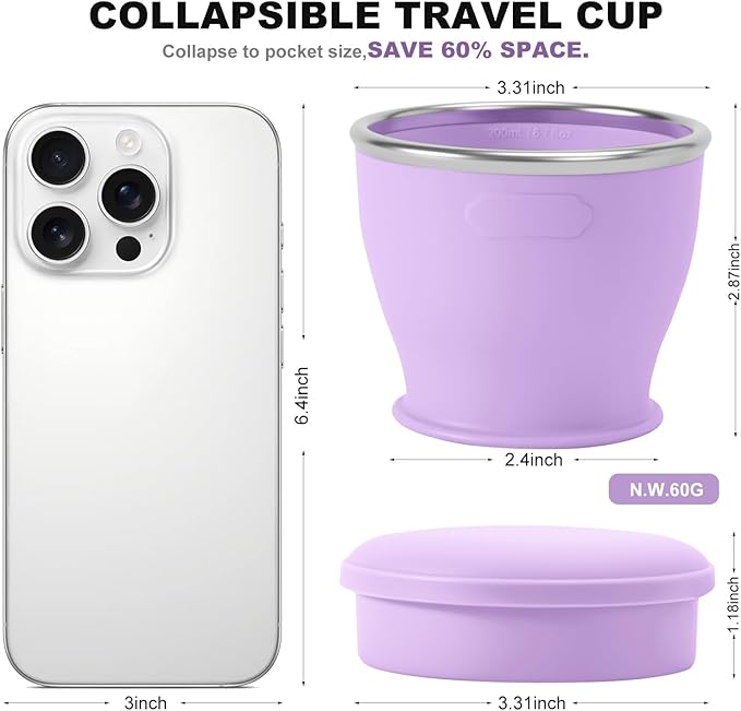 Collapsible Travel Cup, BPA-Free Reusable Water Cup, Lightweight Drinking Cups with Lids and Carrying Strap, Dishwasher Safe Silicone Cups for Camping, Travel, Airports, Hotel (6.7oz, Lilac)