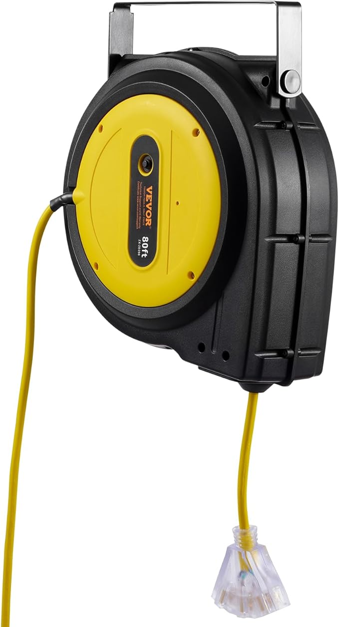 VEVOR 80FT Retractable Extension Cord Reel, 12AWG/3C SJTOW Heavy Duty Power Cord w/Lighted Electrical Triple Tap Outlets, 15A Circuit Breaker,180° Swivel Bracket for Workshop or Garage, Yellow