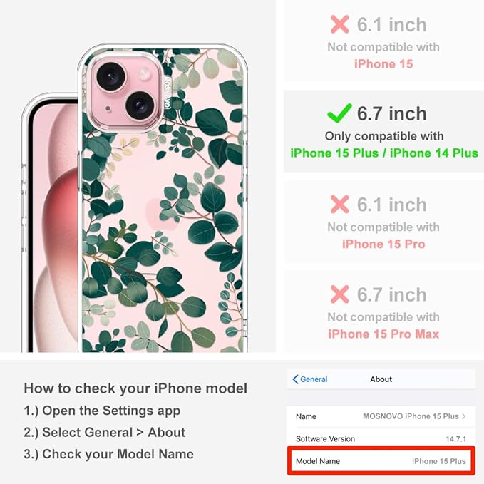 MOSNOVO Case for iPhone 15, [Buffertech 6.6ft Military-Grade Drop Protection] [Anti Peel Off Tech] Clear TPU Bumper Phone Case Cover Design - Eucalyptus