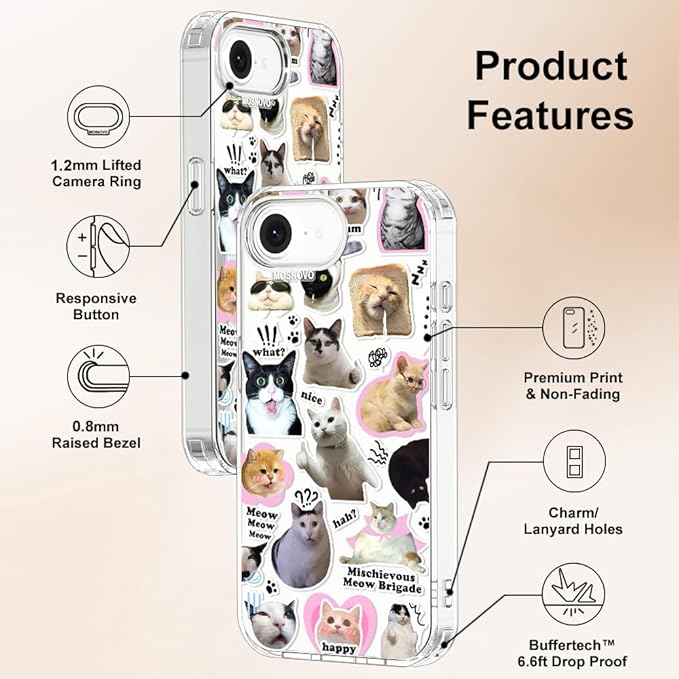 MOSNOVO for iPhone 17e Case/iPhone 16e Case, Shockproof Military-Grade Protection 6.6ft Drop Tested, Clear Phone Case for iPhone 16e / iPhone 17e, The Cat Brigade Design