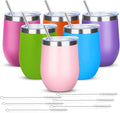 12oz/6 Pack Wine Tumbler Glasses with Lid Stemless Double Wall Vacuum Stainless Steel Travel Tumbler Keeping Cold & Hot for Wine,Coffee,Cocktails,Christmas Drinks-Family and Gifts (Multi color-bright)