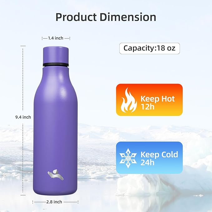 Konokyo Insulated Water Bottle with Strap,18 oz Double Wall Stainless Steel Vacuum Bottles Metal Water Flask,Purple