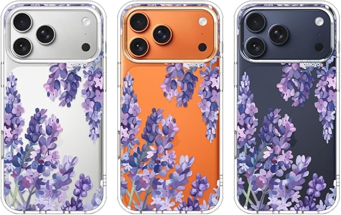 MOSNOVO for iPhone 17 Pro Max Case | Military Grade 6.6ft Drop Tested | Camera Control | Clear with Lavender Design