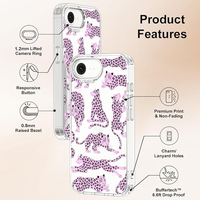 MOSNOVO for iPhone 17e Case/iPhone 16e Case, Shockproof Military-Grade Protection 6.6ft Drop Tested, Clear Phone Case for iPhone 16e / iPhone 17e, Pink Leopard Design