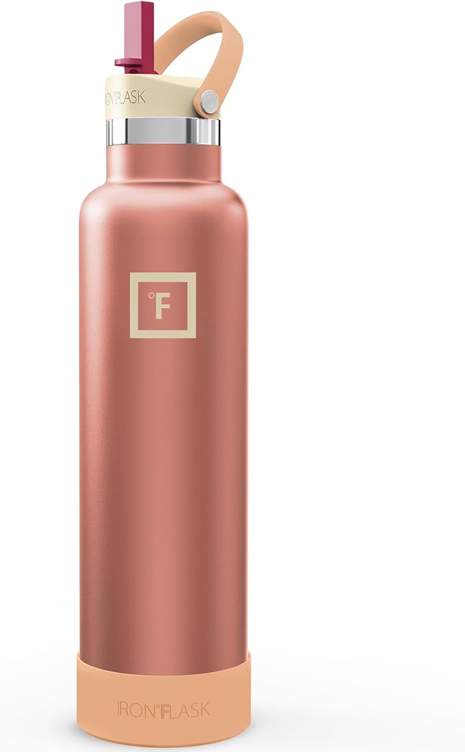 IRON °FLASK Camping & Hiking Hydration Flask with Straw, Narrow Mouth Insulated Stainless Steel Sports Water Bottle - Dream Sunset 24 oz - Straw (1 Lid)