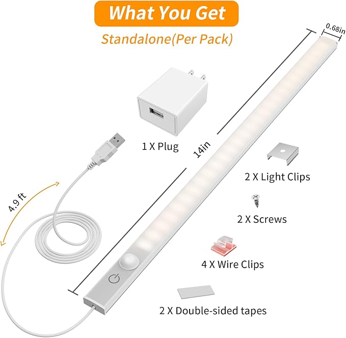 14" Slim USB Plug-in LED Motion Sensor Light Indoor, Bright & Dimmable Under Cabinet Light - 3 Modes (ON/Night/Day) for Kitchen, Cabinet, Closet - 4000K Neutral White, 1 Pack (Standalone)