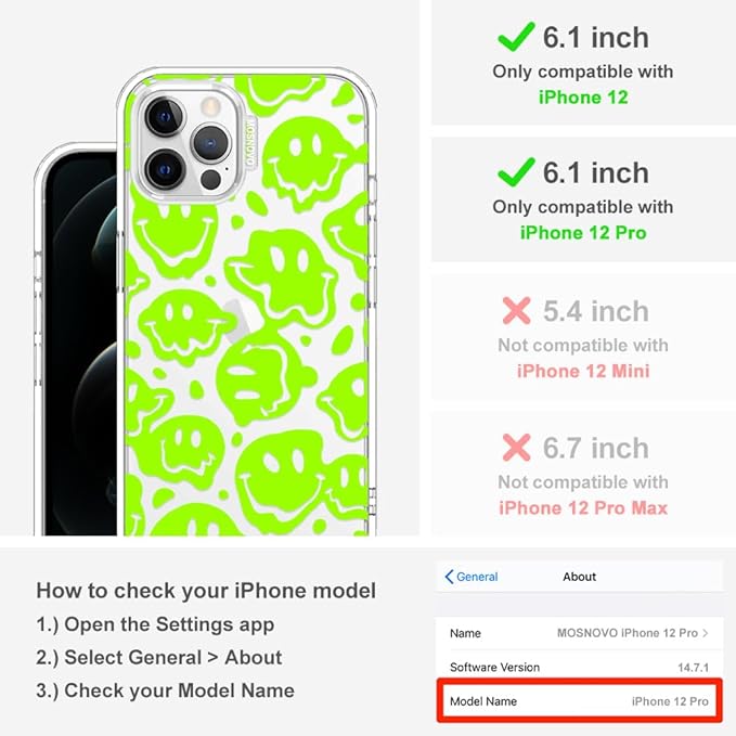 MOSNOVO Case for iPhone 12 & iPhone 12 Pro, [Buffertech 6.6ft Military-Grade Drop Protection] [Anti Peel Off Tech] Clear TPU Bumper Phone Case Cover Design - Distorted Green Smiles Face