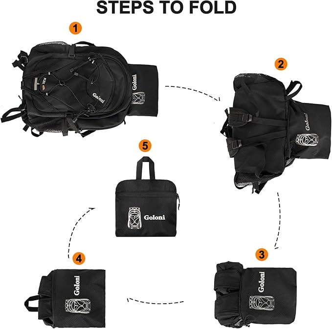 Goloni 45L Hiking Backpack Lightweight Foldable, Waterproof Camping Backpack with Rain Cover & Hiking Pole Mat Carrying System, Ergonomic Water Resistant Daypack for Trekking Travel Men Women,Black