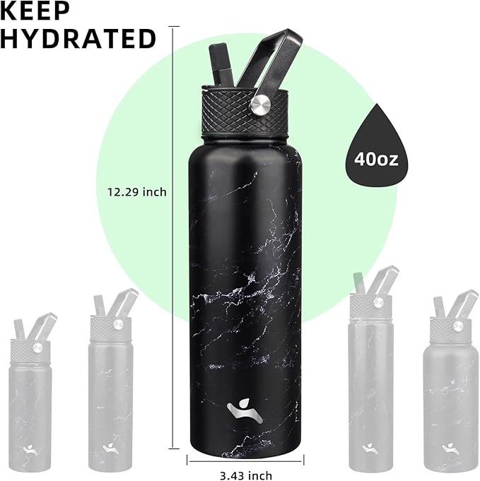 Konokyo 40oz Insulated Water Bottle Stainless Steel Sport Bottles with 3 Lids,Marble Blossom