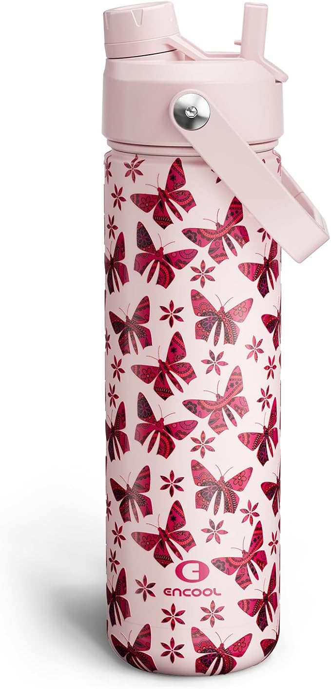ENCOOL Insulated Water Bottle with Straw Stainless Steel Water Bottle, Leak-Proof, BPA-Free, Double Wall Vacuum Keeps Cold for 24 Hours for Sports, Travel, School (26 oz, Petal Butterfly)