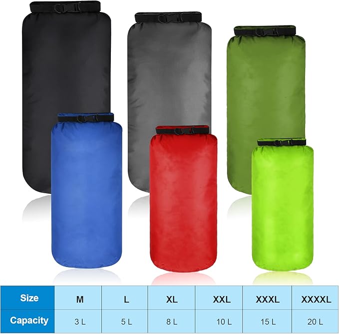 Shappy 6 Pcs Waterproof Dry Bag Set Ultralight Stuff Sack 20/15/10/8/5/3L Backpacking Bag with Long Adjustable Strap Outdoor Keep Gear Dry Sack for Camping Kayaking Boating Hiking Travel