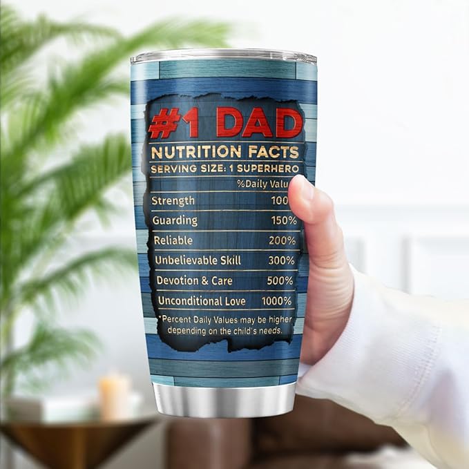 Funny Nutrition Facts Mug for Dad with Rustic USA Design, 20oz Stainless Steel Insulated Tumbler, Patriotic Gift for Father's Day, Birthday, Husband, Grandpa, Travel Use