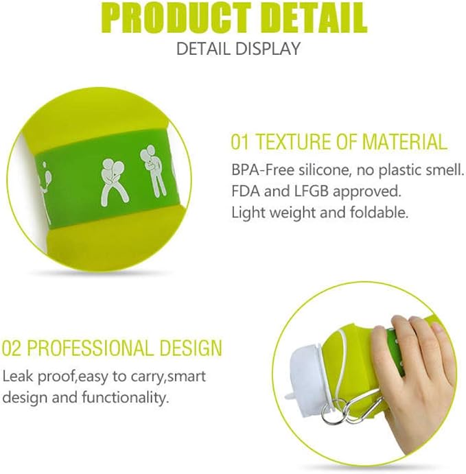 Collapsible Water Bottles with Carabiner Food Grade Sports Water Bottle for Gift Kids Folding Water Bottle for Hiking, School, GYM, School, Sports and Traveling 19oz/550ml (Tennis Ball)