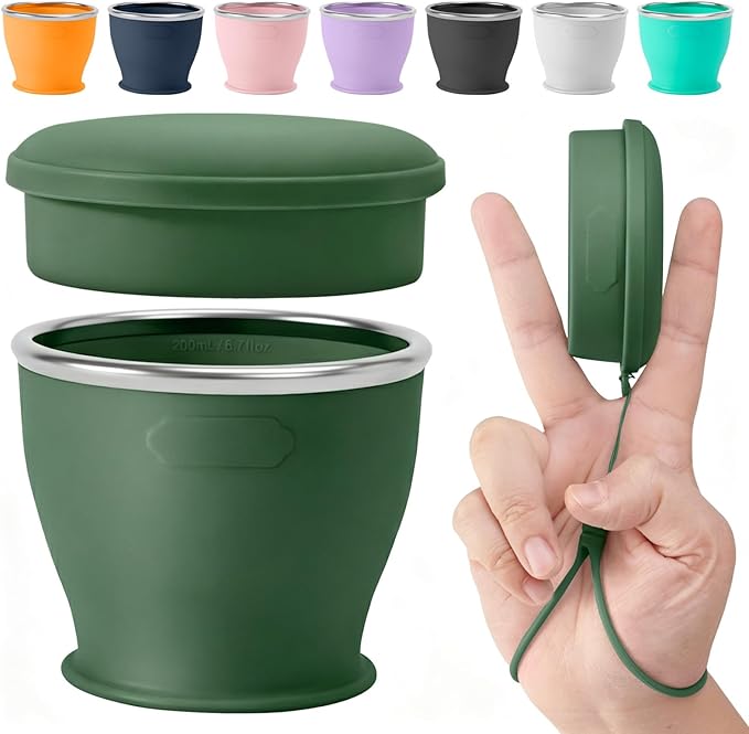 Collapsible Travel Cup, BPA-Free Reusable Water Cup, Lightweight Drinking Cups with Lids and Carrying Strap, Dishwasher Safe Silicone Cups for Camping, Travel, Airports, Hotel (6.7oz, Green)