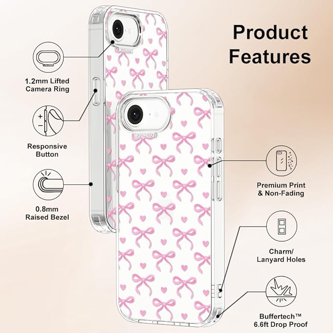 MOSNOVO for iPhone 17e Case/iPhone 16e Case, Shockproof Military-Grade Protection 6.6ft Drop Tested, Clear Phone Case for iPhone 16e / iPhone 17e, Bowtiful Love Design