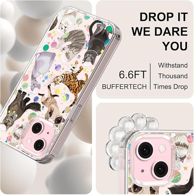 MOSNOVO Case for iPhone 15, [Buffertech 6.6ft Military-Grade Drop Protection] [Anti Peel Off Tech] Clear TPU Bumper Phone Case Cover Design - Space Cat