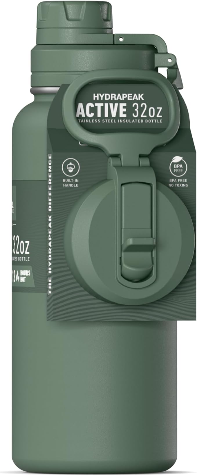 Hydrapeak 32oz Sport Insulated Water Bottle with Straw & Chug Lid, Leak & Spill Proof, Keeps Drinks Cold for 24 Hours, Hot for 12 Hours, Premium Stainless Steel Water Bottles (32oz, Sage Leaf)