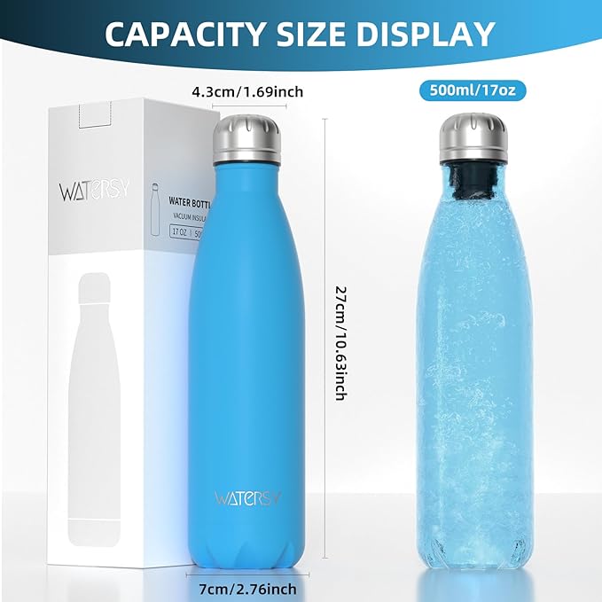 WATERSY Stainless Steel water bottles,17oz/500ml Insulated Water Bottles,Blue metal water bottle Keeps Drink Cold and Hot,BPA Free kids water bottles for School,Gym,Travel,Sports