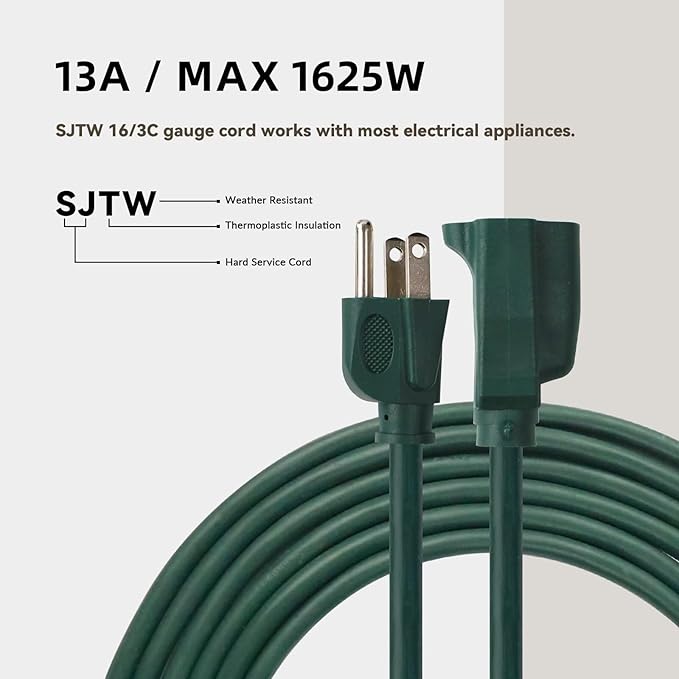 10ft Outdoor Extension Cord for Christmas Decorations - 16/3 Heavy Duty SJTW Waterproof Green Electrical Cable with 3 Prong Grounded Plug for Safety, Great for Lawn and Major Appliances