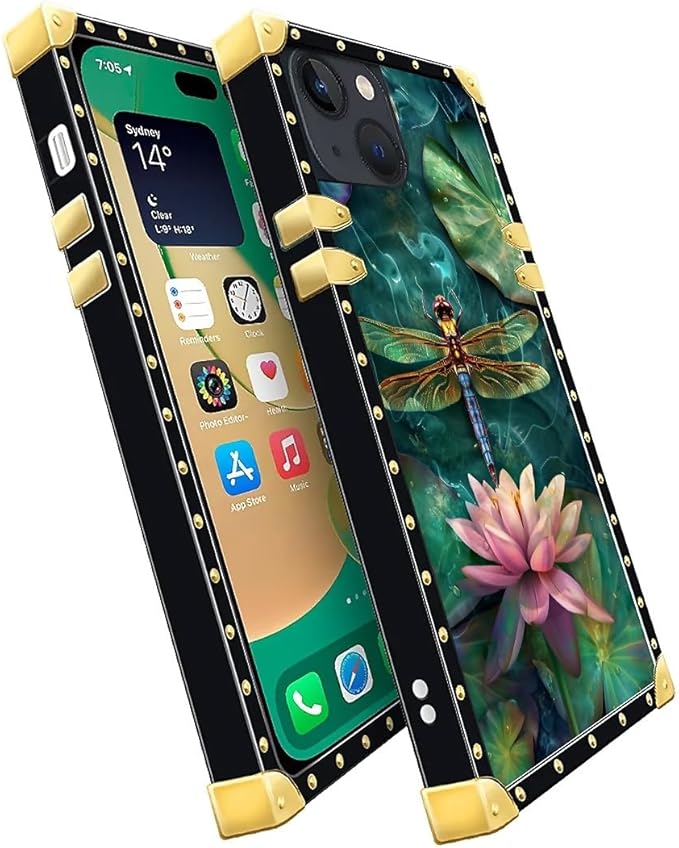 Compatible with iPhone 14 Case, Colourful Dragonfly Pink Lily Pads Luxury Golden Decoration for Girl Women Soft TPU Shockproof Protective Hard PC Back for iPhone 14