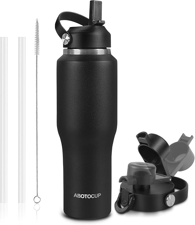 ABOTOCUP 32oz Black Water Bottle Stainless Steel, Keep Cold 24H&Hot 12H, Water Bottle with Straw&Spout Lids, Insulated Water Bottle Double Wall Vacuum, Fit in Any Car Cup Holder, Leak-proof BPA Free