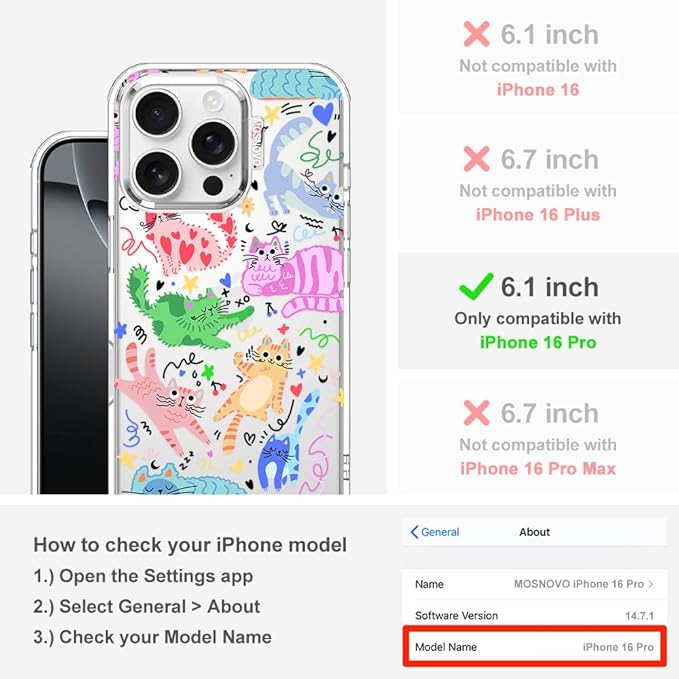 MOSNOVO for iPhone 16 Pro Case, Shockproof Military-Grade Protection 6.6ft Drop Tested, Clear Phone Case for iPhone 16 Pro, Doodle Cats Design