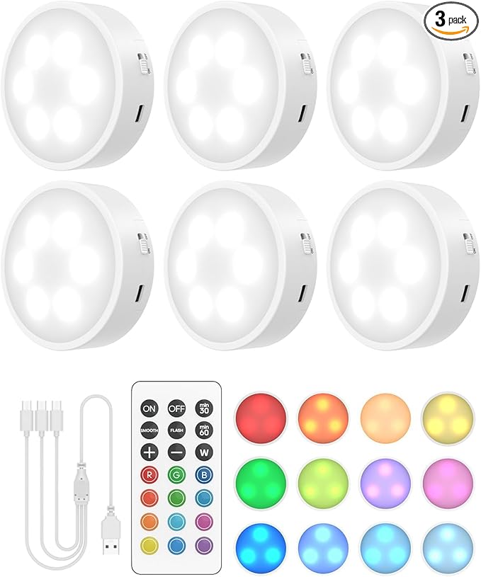 GOODEA.fun Puck Lights with Remote, 13 RGB Colors LED Under Cabinet Light, Rechargeable Battery Operated Under Cabinet Lighting Tap Lights, Stick on Lights with Dimmer and Timer（6 Pack）