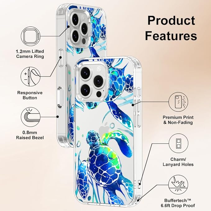 MOSNOVO Case for iPhone 16 Pro Max, [Buffertech 6.6ft Military-Grade Drop Protection] [Anti Peel Off Tech] Clear TPU Bumper Phone Case Cover Design - Sea Turtles