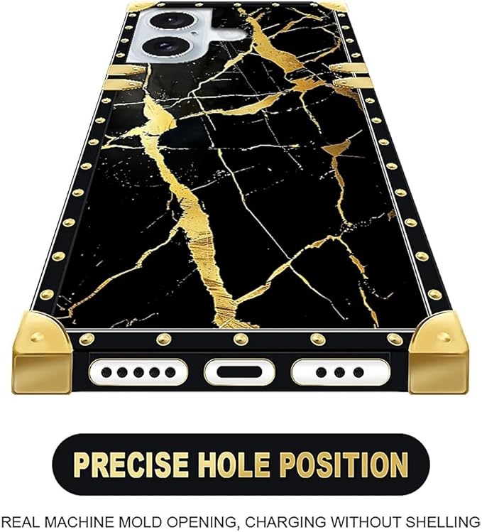 Compatible with iPhone 16 Plus Case, Black Gold Marble Nature Luxury Golden Decoration for Girl Women Soft TPU Shockproof Protective Hard PC Back