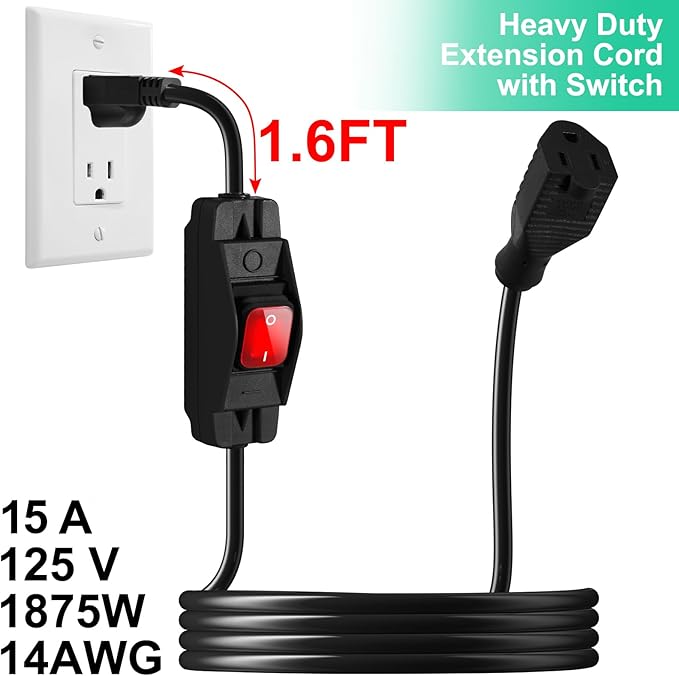 Outdoor Waterproof On/Off Switch Extension Cord, Heavy Duty 125v/250v Black SJTW Cord (6 Ft, Black)