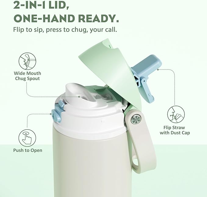 POWCAN 24 oz Steel Insulated Water Bottle: 2-in-1 Push-Button Spout & Flip Straw Lid, Leakproof, Cold 24 Hrs, Fits Car Cup Holder, Reusable Metal Sports Bottle for Travel, Gym, School (Icy Drift)