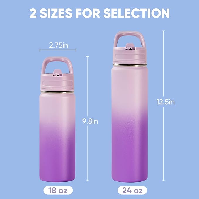 Fijinhom 18oz Insulated Stainless Steel Water Bottle with Straws, Double Wall Vacuum Insulated Bottles, Metal Thermo for Travel, Sports, Leak-Proof, BPA Free, Women & Men, Purple Gradient
