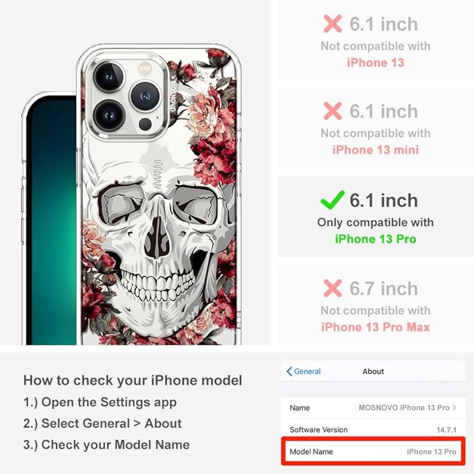 MOSNOVO Case for iPhone 13 Pro, [Buffertech 6.6ft Military-Grade Drop Protection] [Anti Peel Off Tech] Clear TPU Bumper Phone Case Cover Design - Red Flower Skull