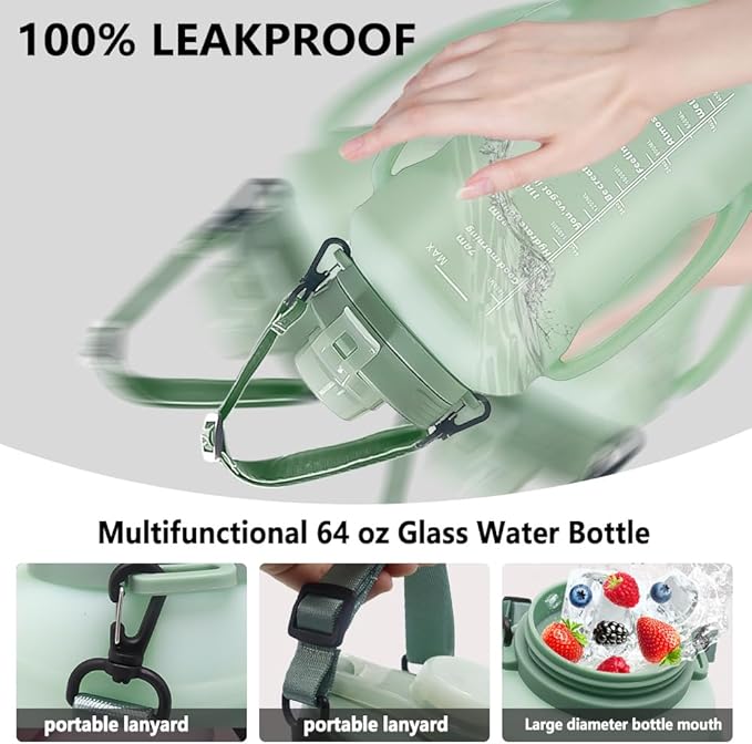 64oz Foldable Silicone Water Bottle with Straw, BPA-Free Motivational Time Marker, Leakproof Collapsible Water Jug with Handle for Gym, Sports, Camping & Outdoor Activities (Green)