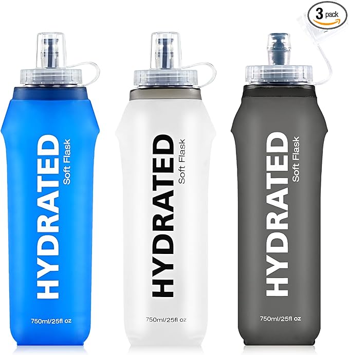 SLUXKE 3 Pack Soft Water Bottle, 25oz/750ml Flask Running Bottles for Hydration Packs, TPU Collapsible Reusable Handheld Flasks for Hiking Cycling Climbing