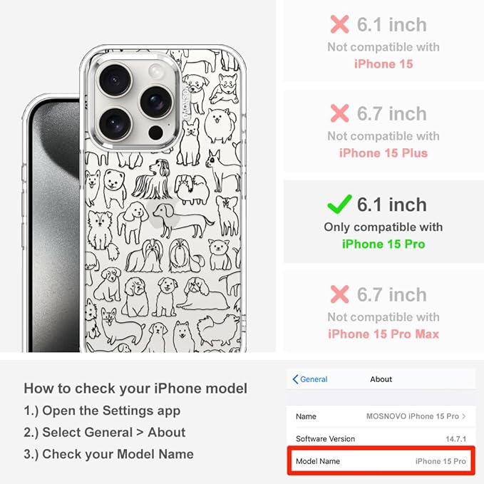 MOSNOVO Case for iPhone 15 Pro, [Buffertech 6.6ft Military-Grade Drop Protection] [Anti Peel Off Tech] Clear TPU Bumper Phone Case Cover Design - Doodle Dog