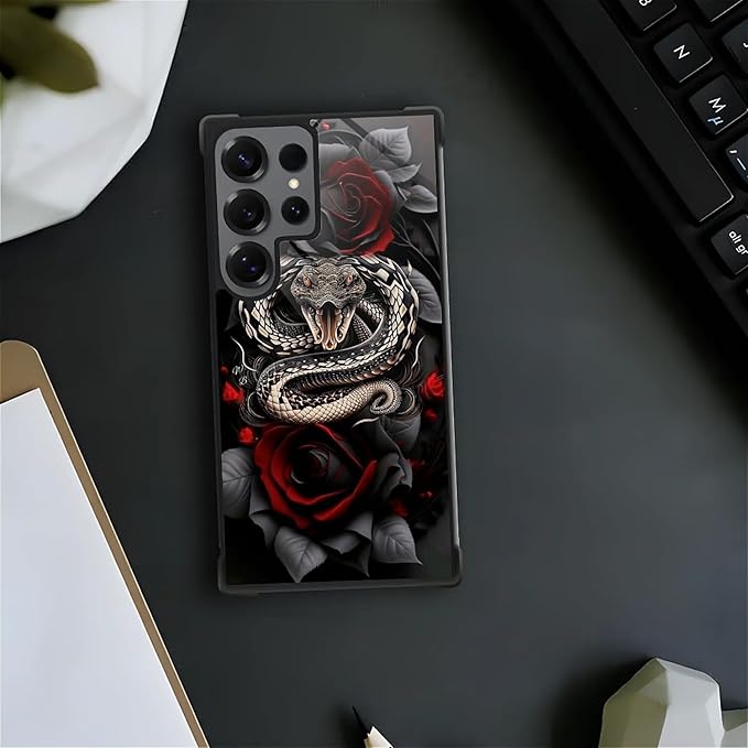 for Samsung Galaxy S25 Ultra Case,Graphic Design for Girl Boy Soft Silicone Hard Acrylic Shock Protection Designed for Samsung Galaxy S25 Ultra Entwined Rose Snake Pattern