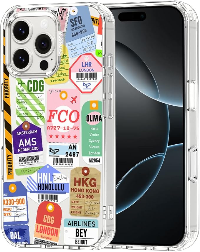 MOSNOVO Case for iPhone 16 Pro Max, [Buffertech 6.6ft Military-Grade Drop Protection] [Anti Peel Off Tech] Clear TPU Bumper Phone Case Cover Design - Air Ticket Labels