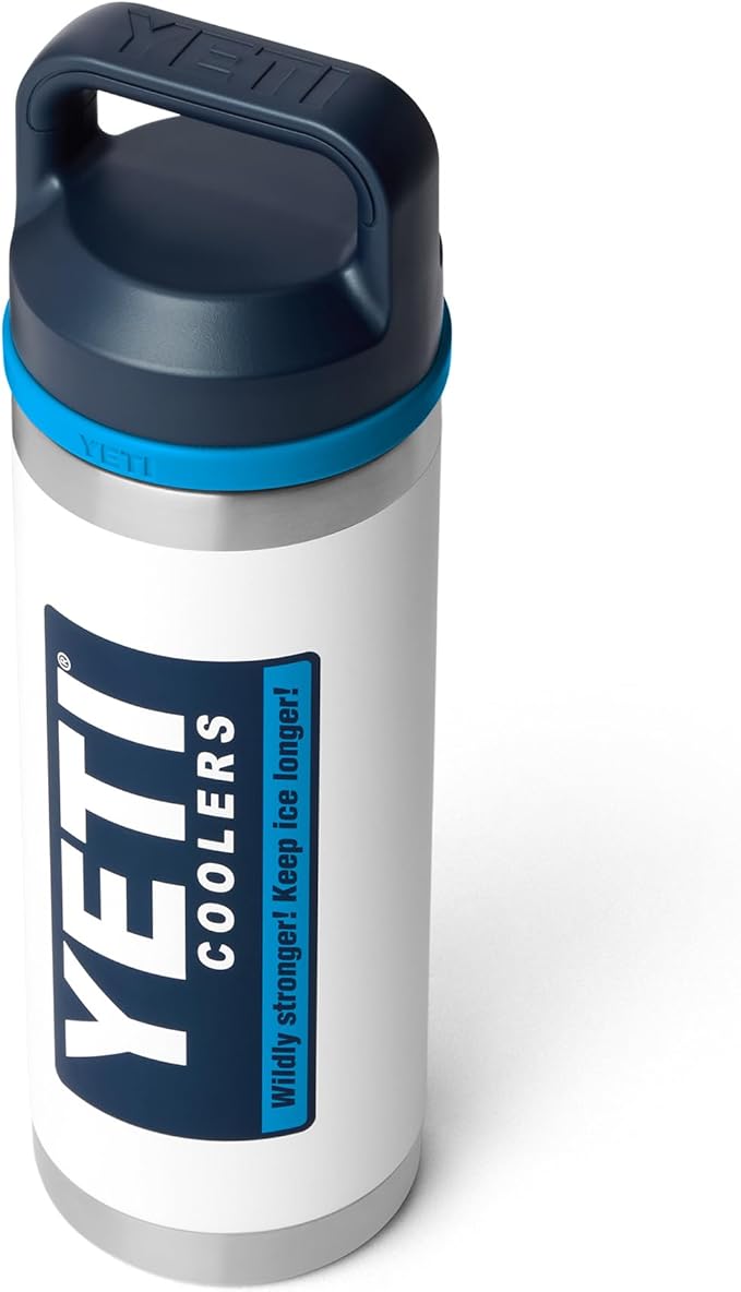 YETI Rambler 18 oz Bottle, Leakproof, Vacuum Insulated, Stainless Steel with Chug Cap, White/Blue