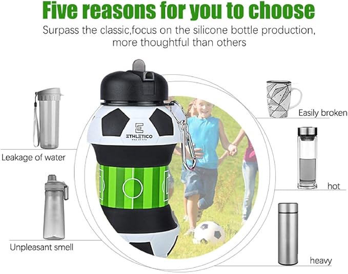 Collapsible Water Bottles with Carabiner Food Grade Sports Water Bottle for Gift Kids Folding Water Bottle for Hiking, GYM, School, Sports and Travelling 19Oz/550ml BPA Free (Soccer)